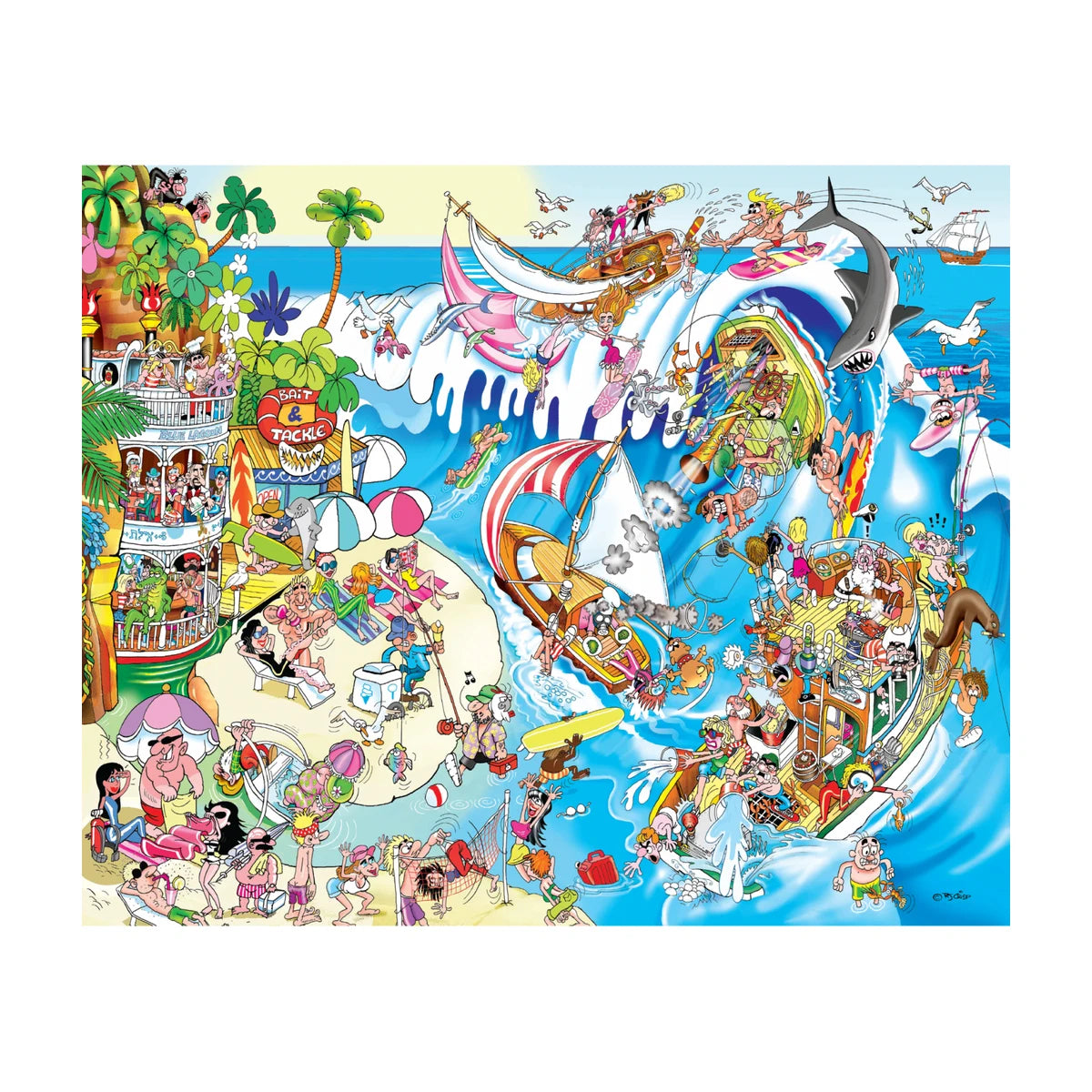 RGS Summer Vibes 1000pc jigsaw puzzle studio image showing a comical busy beach and ocean scene