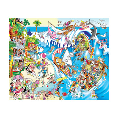 RGS Summer Vibes 1000pc jigsaw puzzle studio image showing a comical busy beach and ocean scene