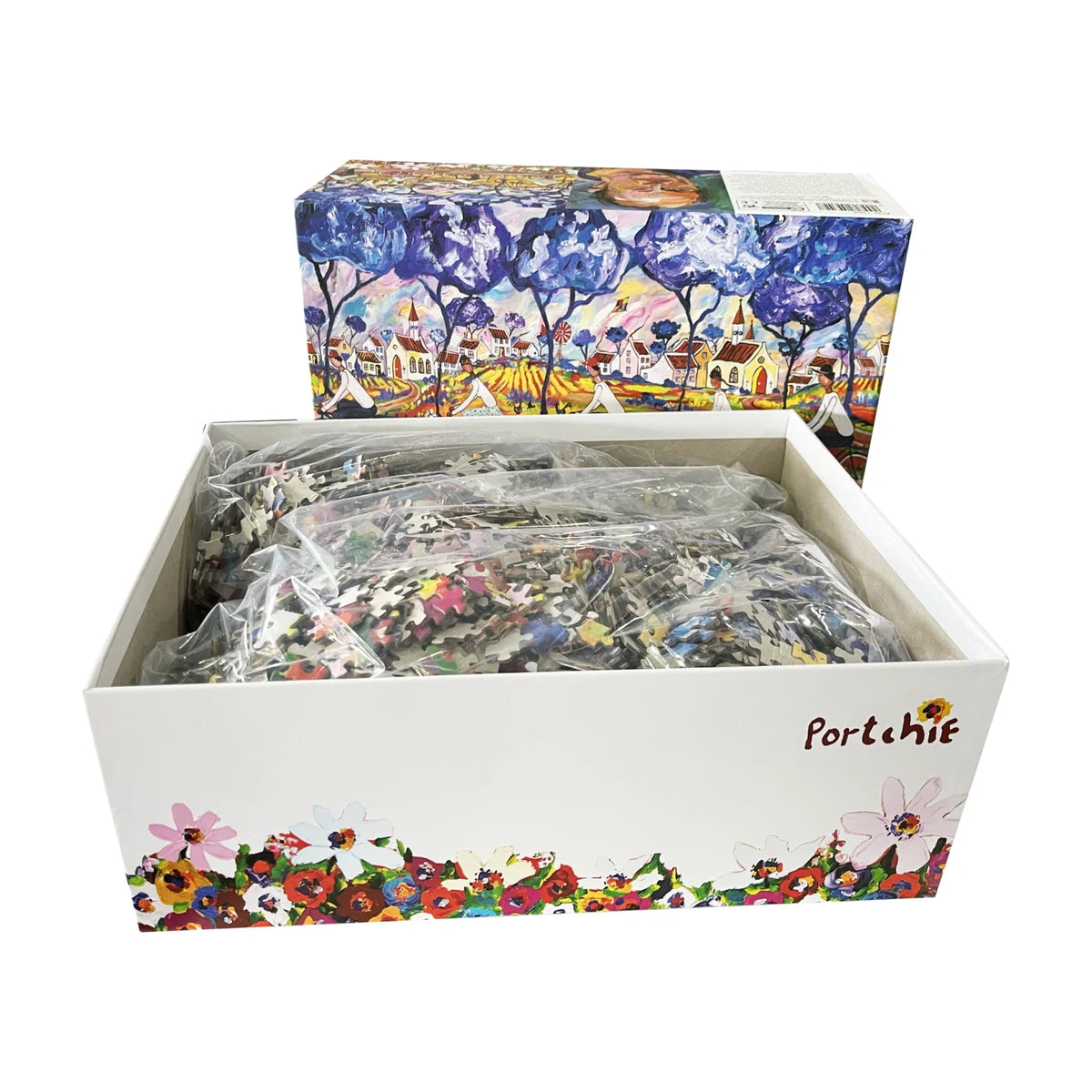 Town to Town Race by Portchie 5000pc puzzle open box showing pieces packed inside