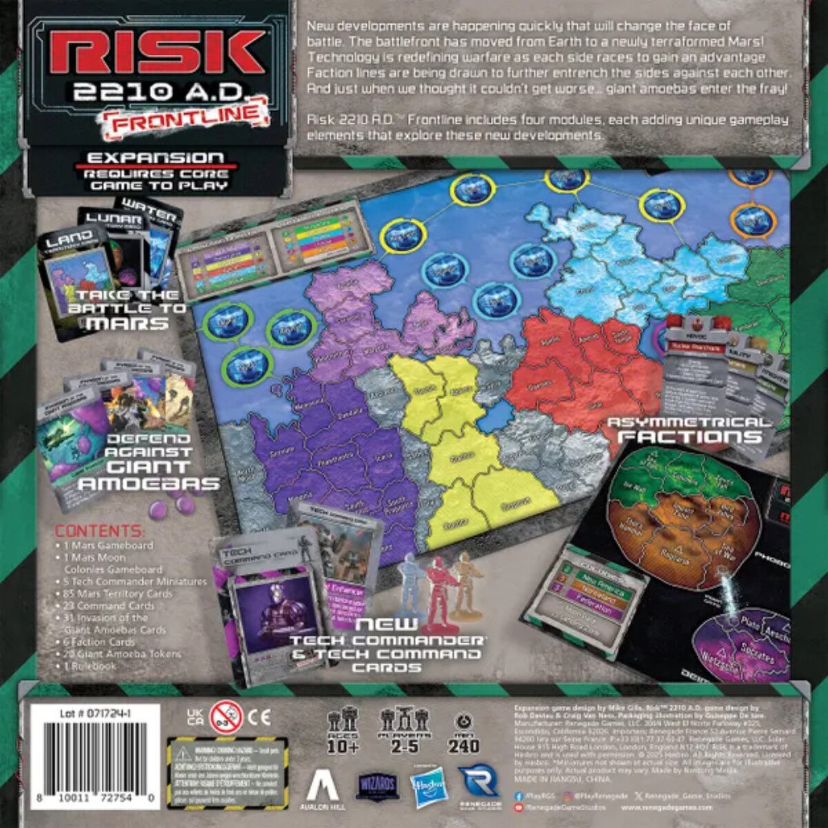 Risk 2210 A.D. Frontline Expansion back of box showing Mars, Tech Commander, Factions and Giant Amoebas modules
