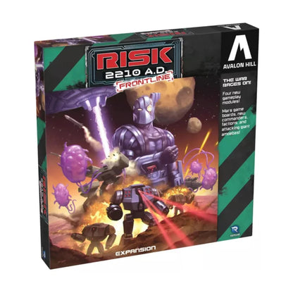 Risk 2210 A.D. Frontline Expansion box featuring futuristic commanders and Giant Amoebas on the battlefield