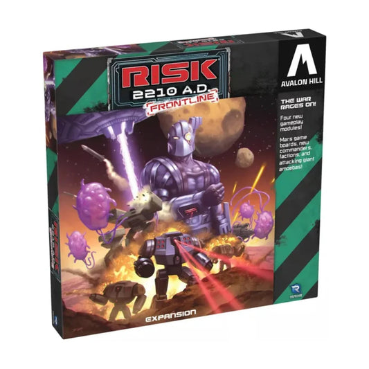 Risk 2210 A.D. Frontline Expansion box featuring futuristic commanders and Giant Amoebas on the battlefield