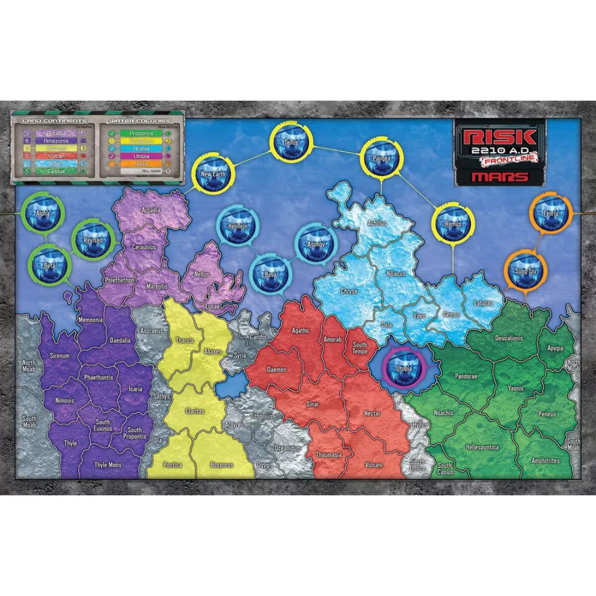 Risk 2210 A.D. Frontline Mars game board with territories, moon gates and landing zones
