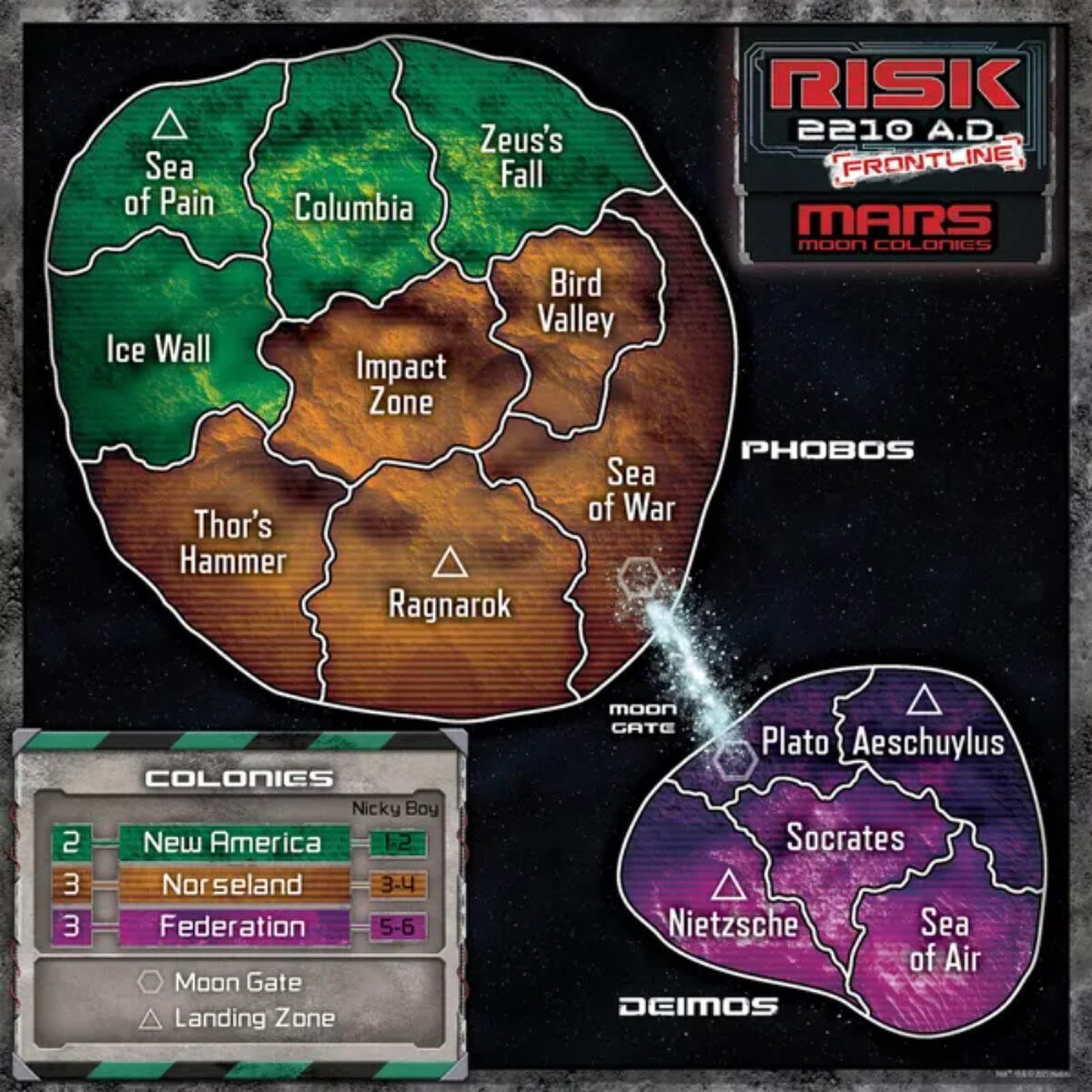 Risk 2210 A.D. Frontline Mars Moon Colonies game board showing Phobos and Deimos territories