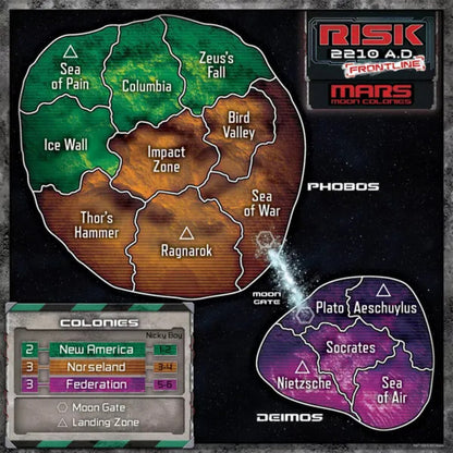 Risk 2210 A.D. Frontline Mars Moon Colonies game board showing Phobos and Deimos territories