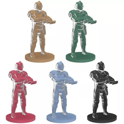 Five coloured Tech Commander miniatures included with Risk 2210 A.D. Frontline Expansion