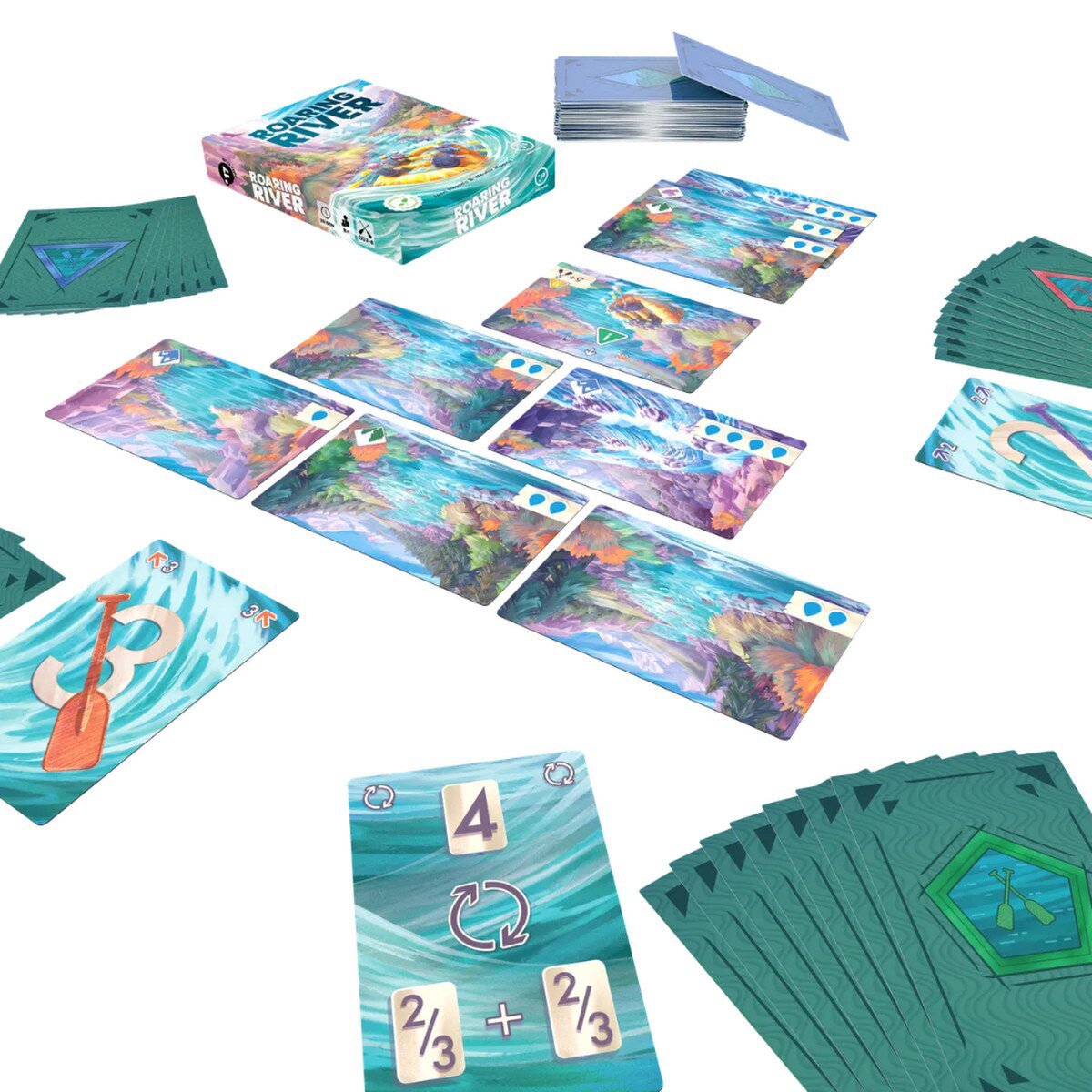 Roaring River Card Game components with River cards, Paddle cards, Motivation cards and game box