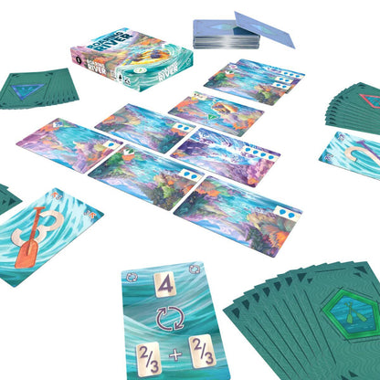Roaring River Card Game components with River cards, Paddle cards, Motivation cards and game box