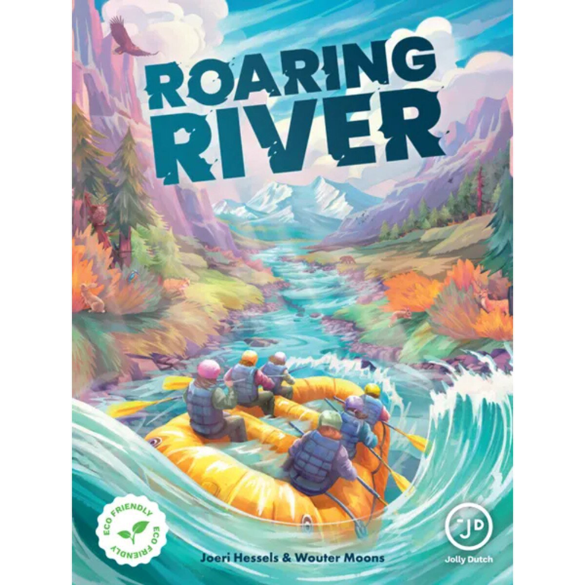 Roaring River Card Game cover artwork showing rafters navigating a colourful wild river