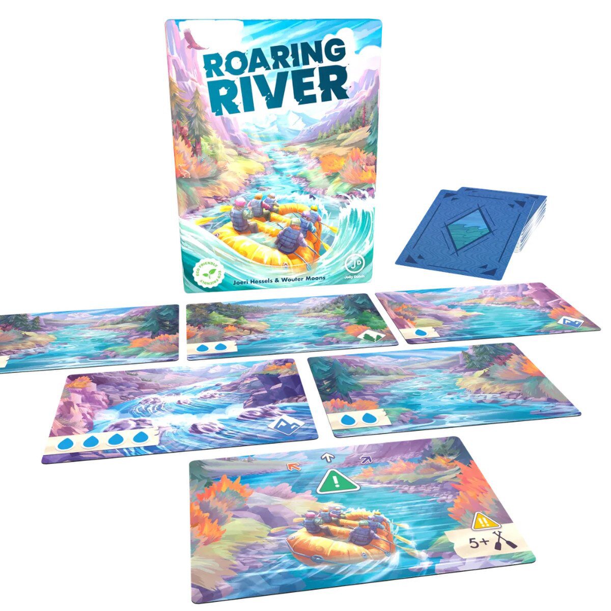 Roaring River Card Game with river route cards, Paddle cards and illustrated game cover