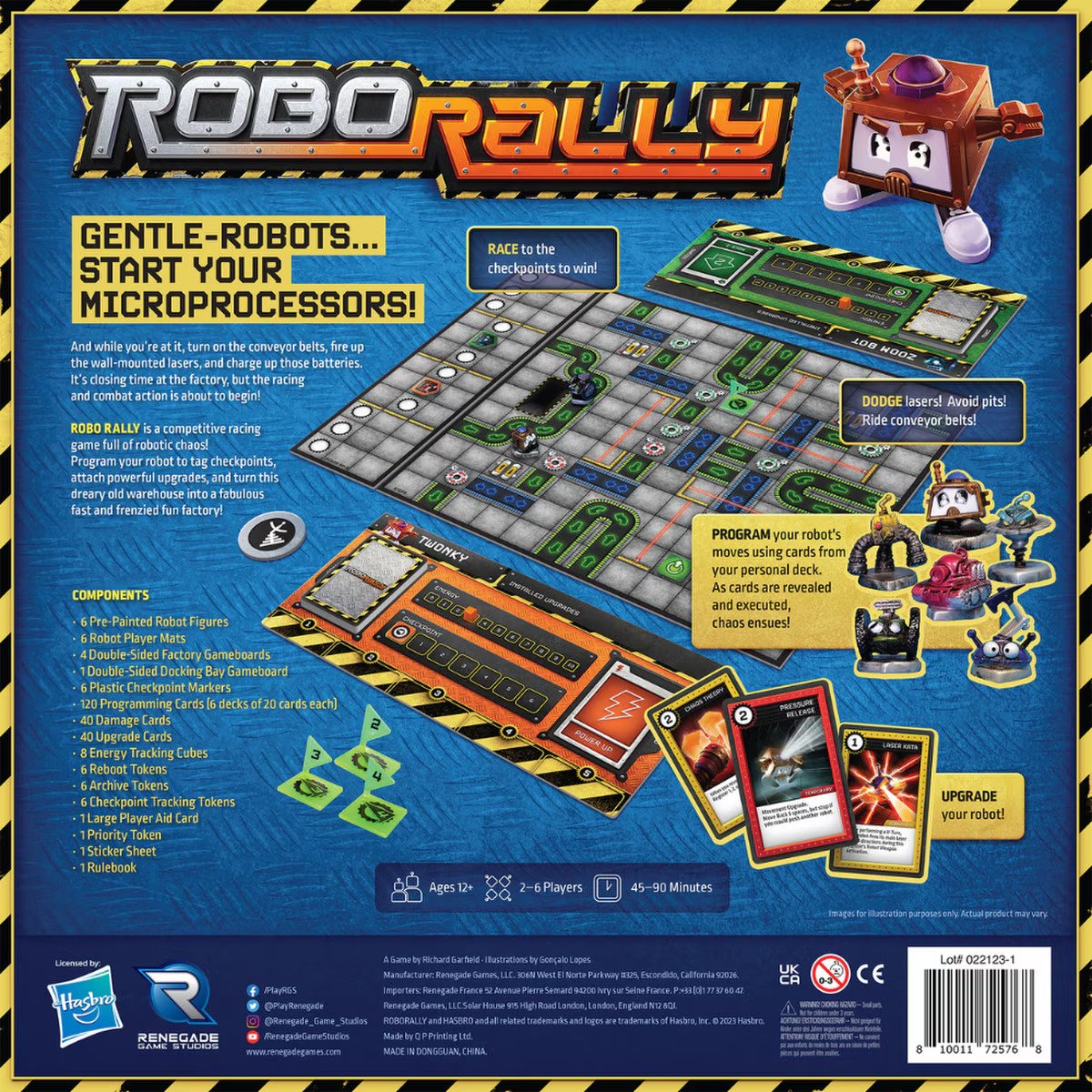 Back of Robo Rally 2023 Edition box showing gameboards, robot figures, cards and components