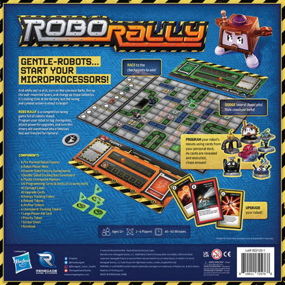 Back of Robo Rally 2023 Edition box showing gameboards, robot figures, cards and components