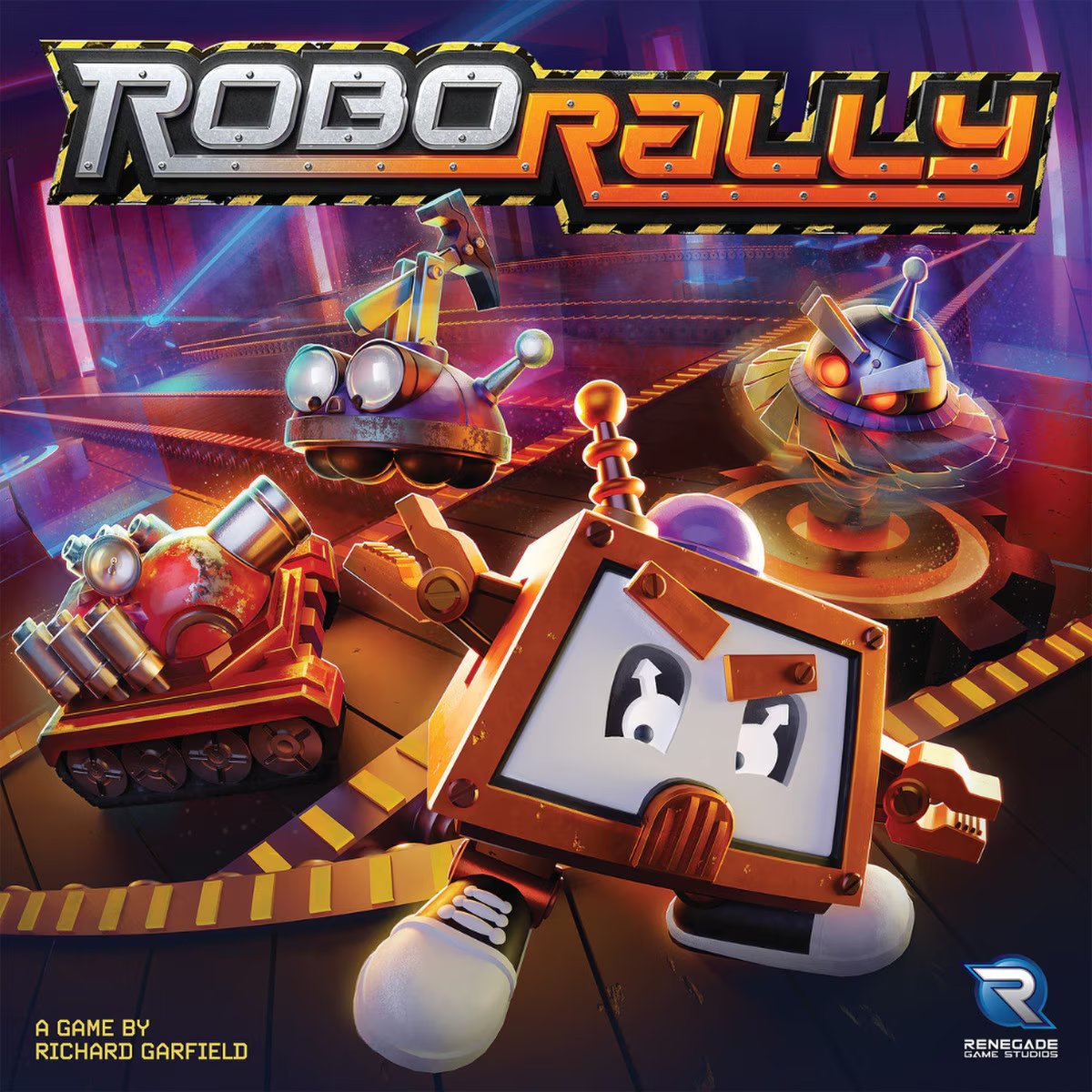Robo Rally 2023 Edition cover artwork with racing robots in a factory