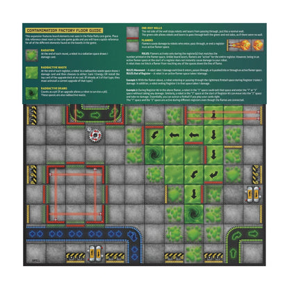 Robo Rally Contamination Expansion factory board guide showing radiation, radioactive waste and one-way walls