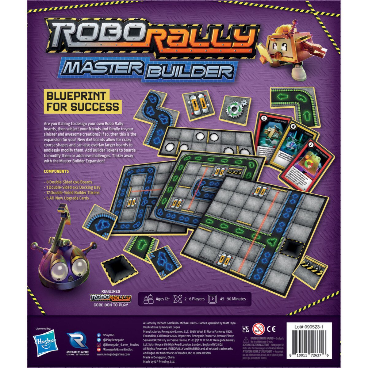 Back of Robo Rally Master Builder Expansion box showing boards, tokens, upgrade cards and core game requirement