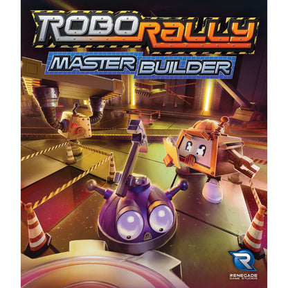 Robo Rally Master Builder Expansion front cover artwork with robots in a factory