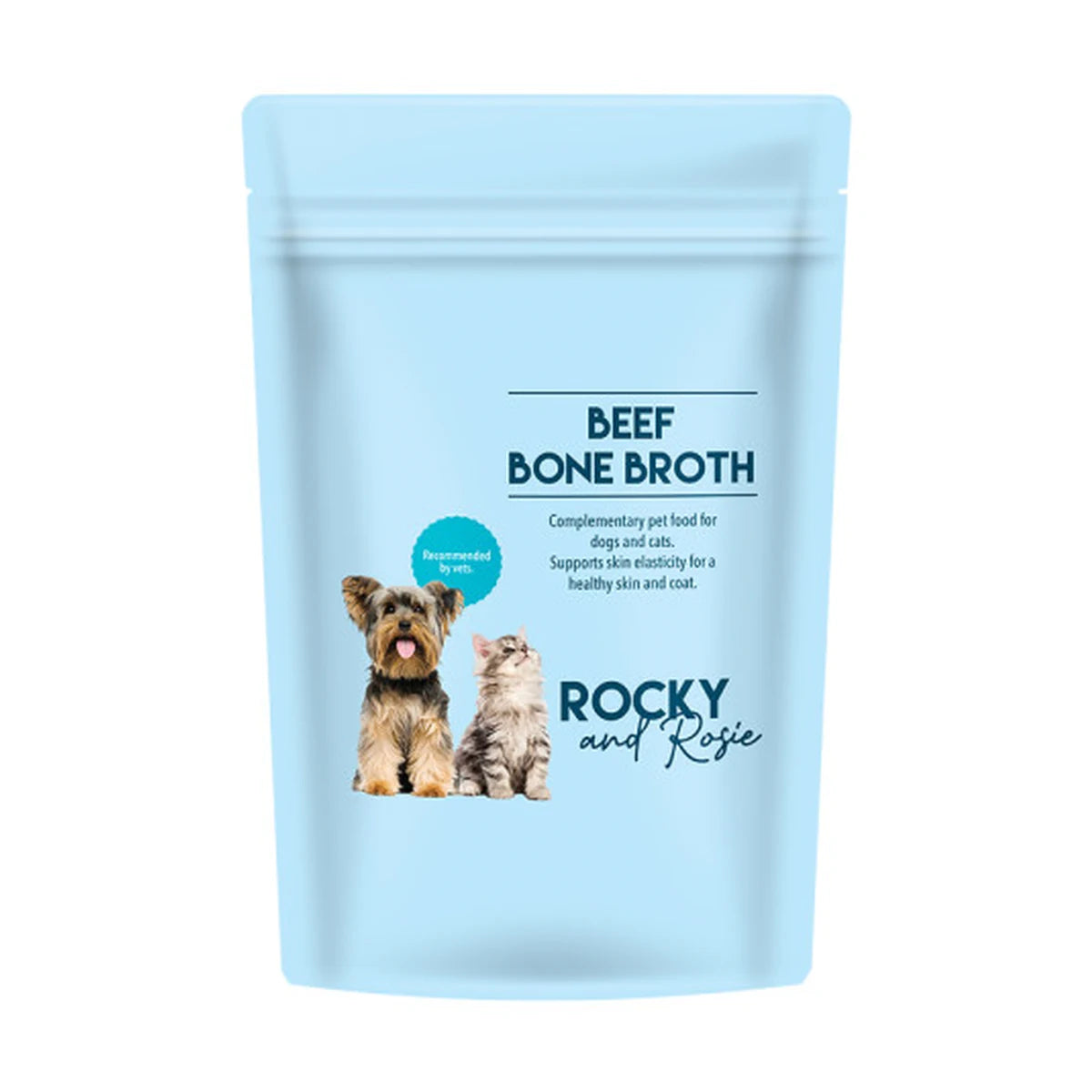 Rocky & Rosie Beef Bone Broth pouch for dogs and cats on a clean studio background.