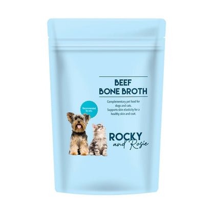 Rocky & Rosie Beef Bone Broth pouch for dogs and cats on a clean studio background.
