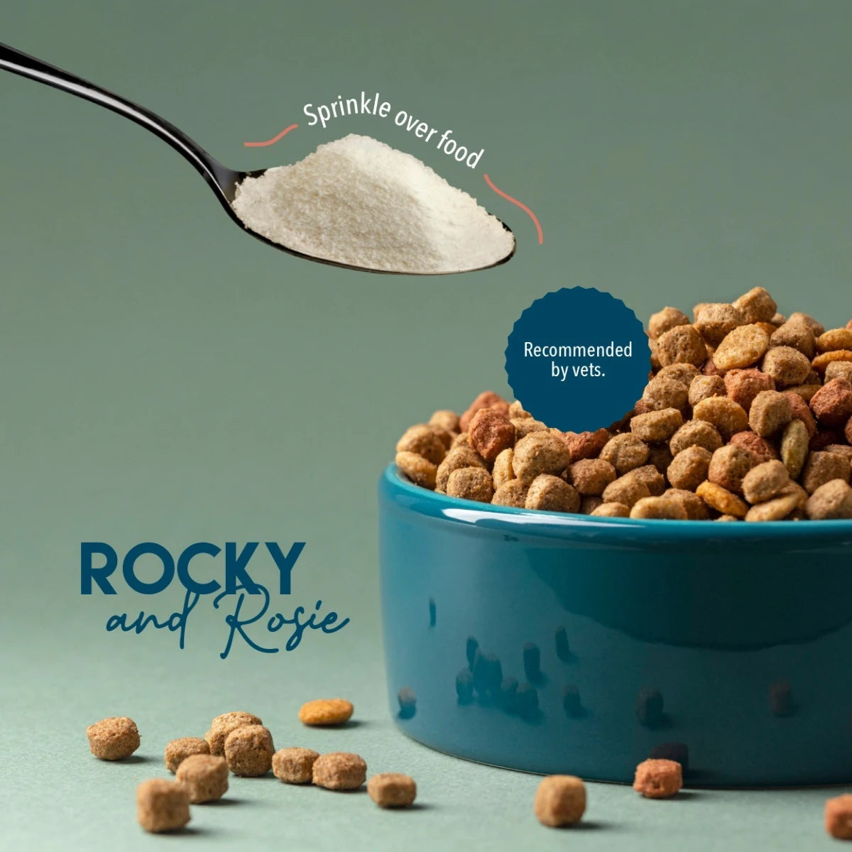 Beef collagen powder sprinkled over pet food for an easy daily topper
