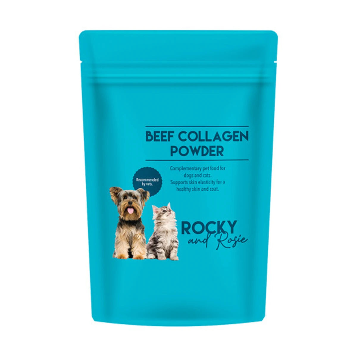 Rocky & Rosie Beef Collagen Powder pouch for dogs and cats on a clean studio background