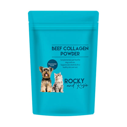 Rocky & Rosie Beef Collagen Powder pouch for dogs and cats on a clean studio background