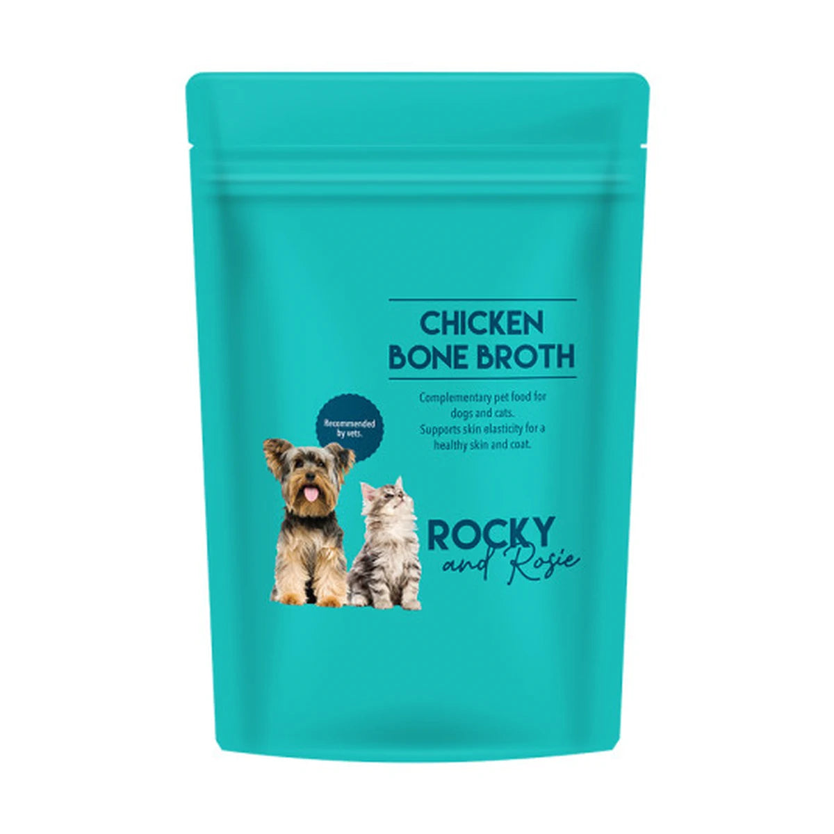 Rocky & Rosie Chicken Bone Broth pouch for dogs and cats on a clean studio background