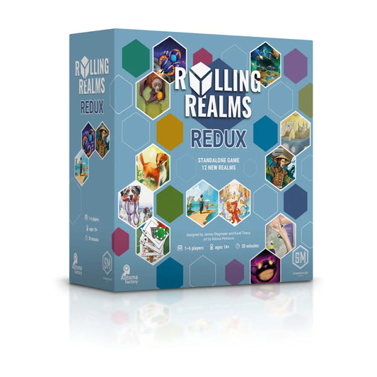 Rolling Realms Redux board game box front showing the standalone game with 12 new realms