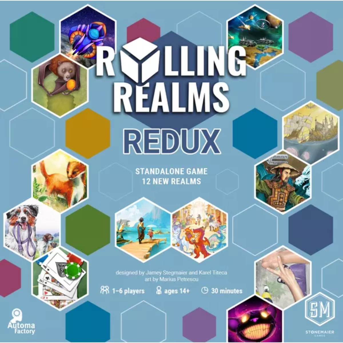 Rolling Realms Redux board game cover art with colourful realm icons and Stonemaier Games branding