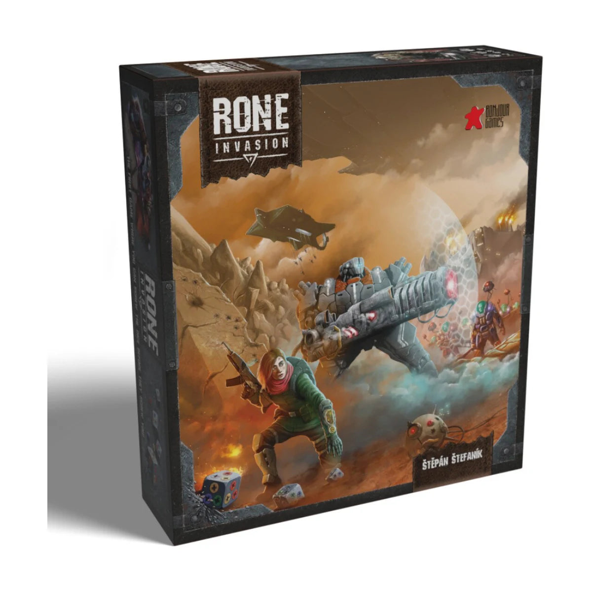 RONE Invasion deck-building board game box featuring survivors battling futuristic invading forces