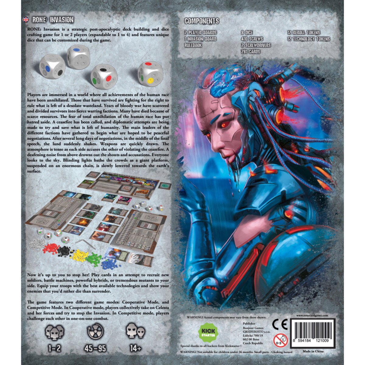 RONE Invasion board game box back showing components cooperative and competitive modes and customisable dice