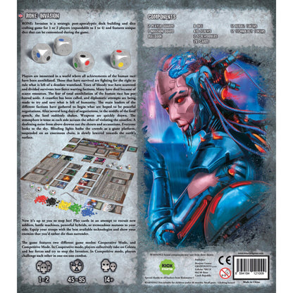 RONE Invasion board game box back showing components cooperative and competitive modes and customisable dice