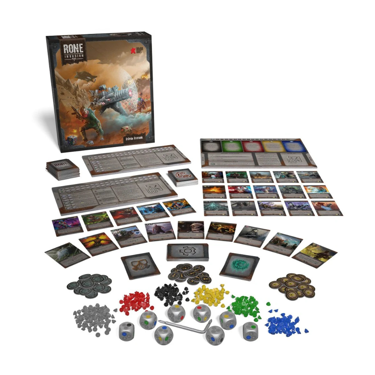 RONE Invasion board game components with player boards cards customisable dice coloured screws tokens and game box