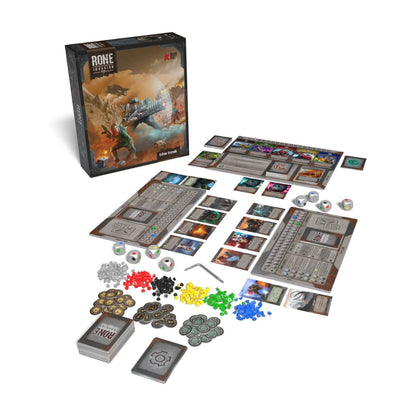 RONE Invasion gameplay setup showing player boards cards customisable dice coloured screws tokens and game box