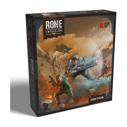 RONE Invasion deck-building board game box featuring survivors battling futuristic invading forces