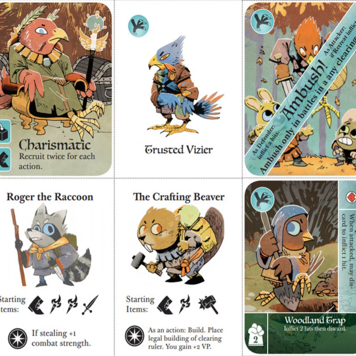 Root asymmetric strategy board game character and card artwork featuring Eyrie, Vagabond and Ambush cards