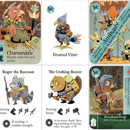Root asymmetric strategy board game character and card artwork featuring Eyrie, Vagabond and Ambush cards