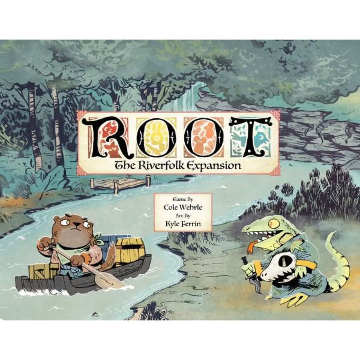 Root The Riverfolk Expansion cover artwork showing the Riverfolk otter and Lizard Cult characters in the Woodland