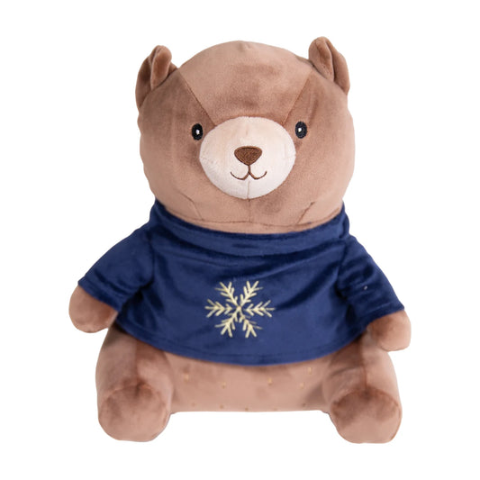 Rosewood Bart Bear Christmas plush dog toy, soft brown teddy bear wearing a navy blue jumper with an embroidered gold snowflake.