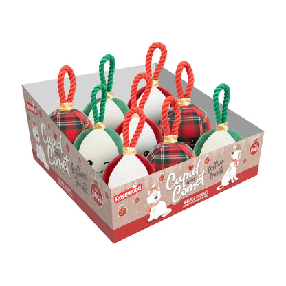 Rosewood Bauble Buddies Christmas plush dog toys displayed in Cupid & Comet festive retail packaging, showing assorted red, green and tartan bauble designs.