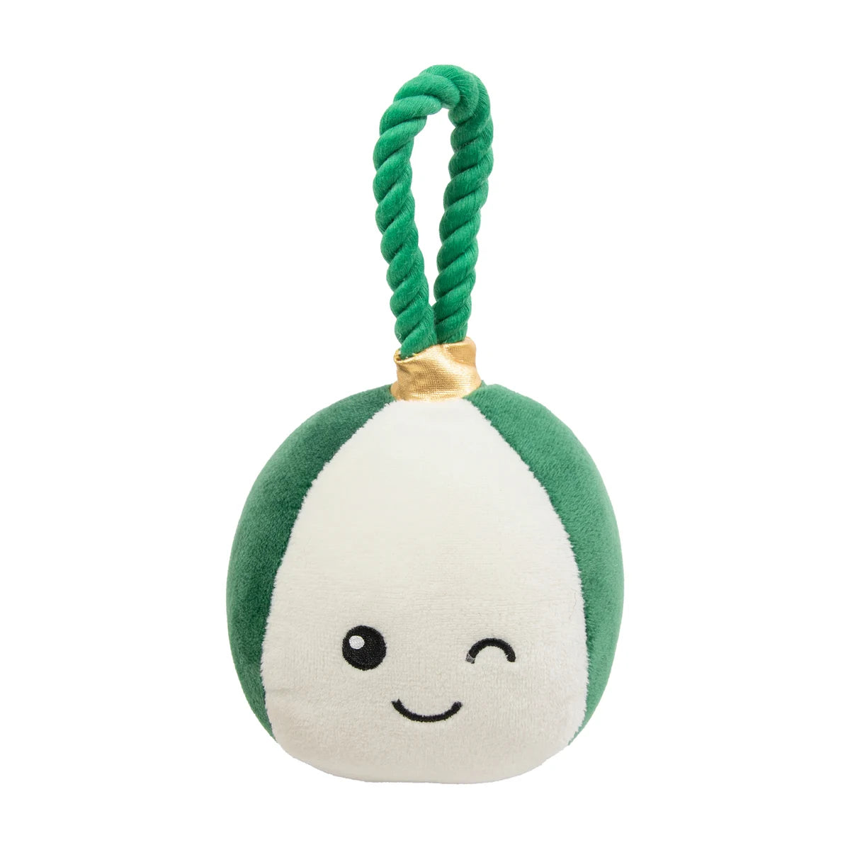 Rosewood Bauble Buddies green and white Christmas dog toy featuring a winking embroidered face, green twisted rope handle and gold trim.