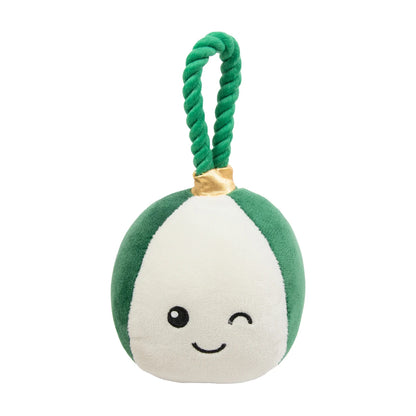 Rosewood Bauble Buddies green and white Christmas dog toy featuring a winking embroidered face, green twisted rope handle and gold trim.