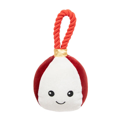 Rosewood Bauble Buddies red and white Christmas plush dog toy with a smiling embroidered face, red rope handle and gold trim.