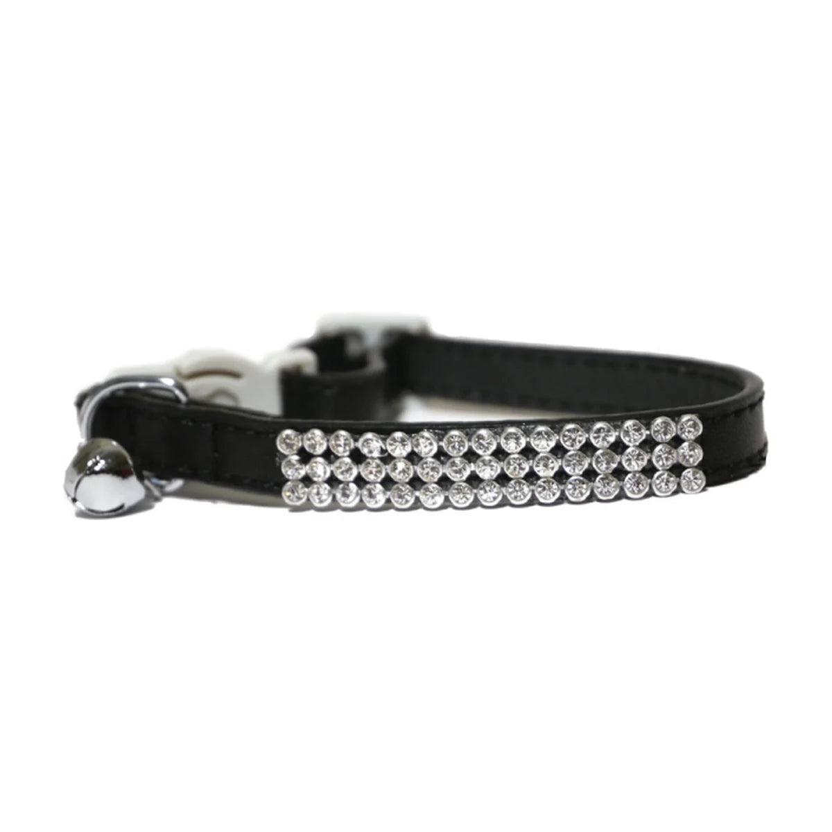 Rosewood black faux leather diamante cat collar with adjustable quick-release buckle and small bell