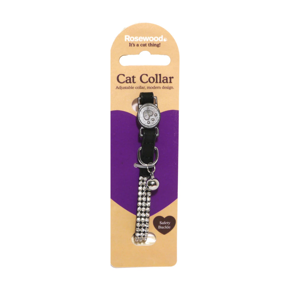 Rosewood black diamante adjustable cat collar with quick-release buckle and bell in retail packaging