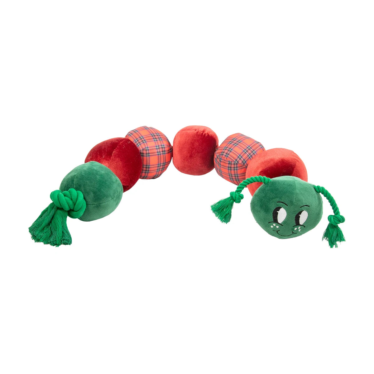 Rosewood Casper Caterpillar extra-large Christmas dog toy with red, green and tartan plush sections, rope core and cheerful face.