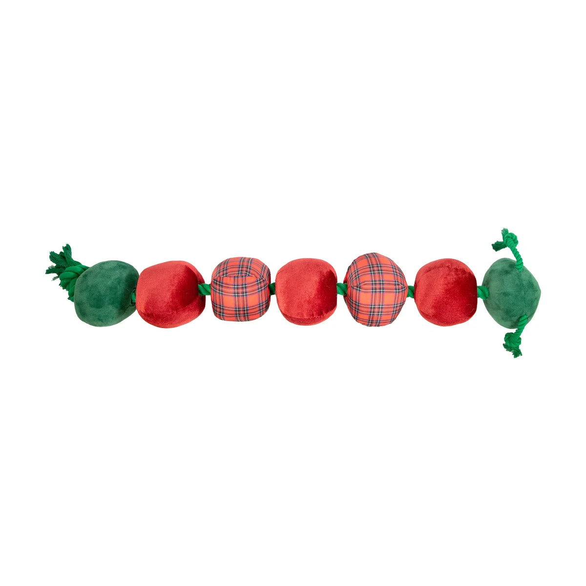 Full-length view of Rosewood Casper Caterpillar 80 cm dog toy showing connected festive plush sections and green rope ends
