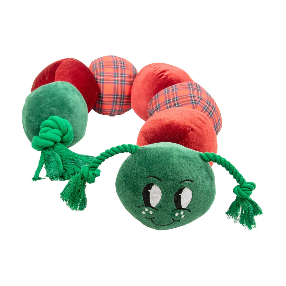 Close-up of Casper Caterpillar Christmas dog toy showing green plush head, embroidered face, rope antennae and red tartan body