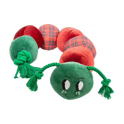Close-up of Casper Caterpillar Christmas dog toy showing green plush head, embroidered face, rope antennae and red tartan body
