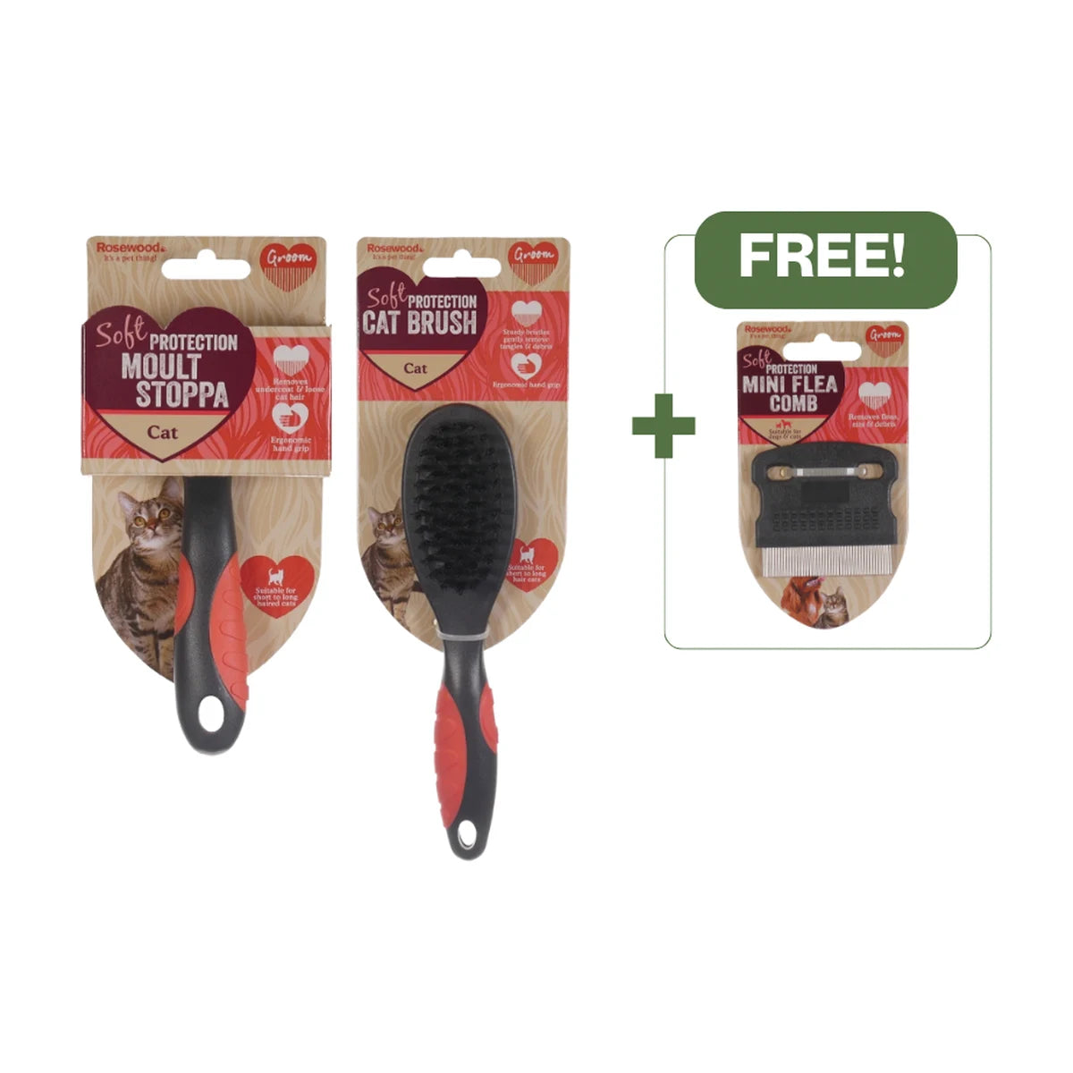 Rosewood Cat Moult Stoppa and Cat Brush with free Mini Flea Comb promotion