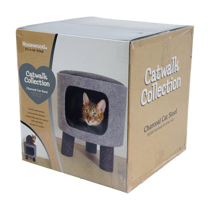 Rosewood Catwalk Collection Charcoal Felt Cat Den and Stool shown in its retail box